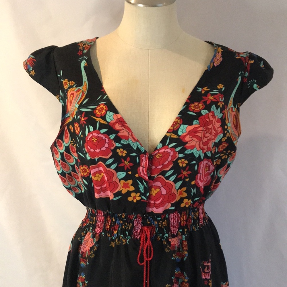 Black floral peacock colorful print short sleeves hi-low maxi dress boho gypsy M - Picture 2 of 16